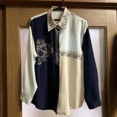 刺繍入りカジュアルシャツ ネイビーアイボリー
