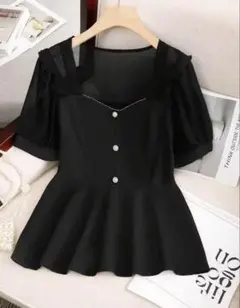 新品　SHEIN スクエアネック ペプラムトップス ブラックのサムネイル