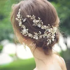 小枝　花パール　ゴールド　ヘッドドレス　ヘアアクセサリー　ウェディングブライダル