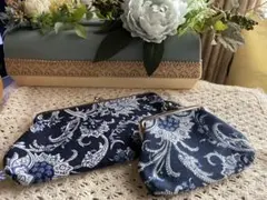 花柄がま口ケース ネイビー2点セット