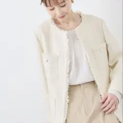 ロペピクニック　ノーカラーツイードジャケット　白　36サイズ