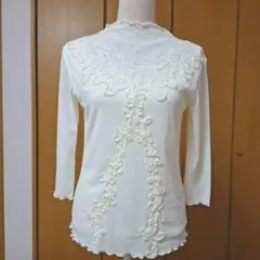 新品Otto 立体3D刺繍入り花柄レースビジュー装飾付き七分袖トップス透け感