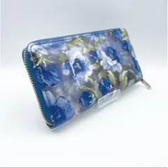 【新品／未使用品】ロングウォレット ラウンドジップ 花柄 ブルー 青