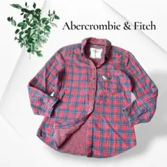 美品 アバクロ チェックシャツ 長袖 レッド ブルー XS 刺繍ロゴ ラメ入り