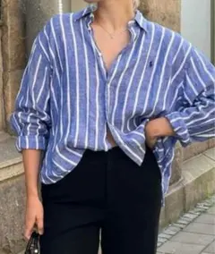 美品ポロラルフローレン リネンシャツ ポニー刺繍 太ストライプ