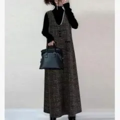 L ワンピース ロング マキシ ジャンパースカート チェック