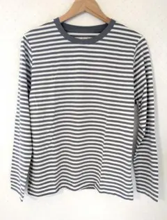 【未使用】無印良品 グレー✕白ボーダー長袖Tシャツ Lサイズ