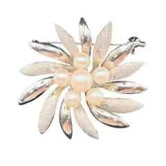 本真珠 ブローチ リーフモチーフ あこや真珠 6.6mm シルバー