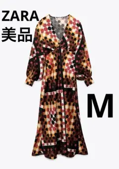 ZARA プリント ミディワンピース　光沢　M size マルチカラー