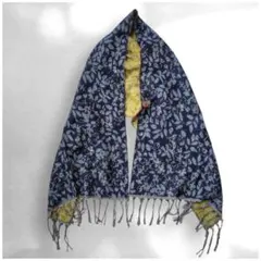 美品 2WAY ストール マフラー ポンチョ 紺 黄色 花柄