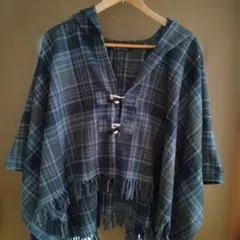 フード付きフリンジポンチョ　チェック柄