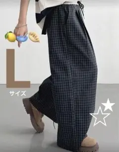 SHEIN ドローストリングチェック柄ストレートレッグ ポケットカジュアルパンツ