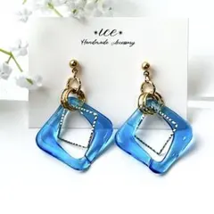 1013◆ブルー×ゴールド　菱形スクエア　大ぶり　ハンドメイドピアス　イヤリング