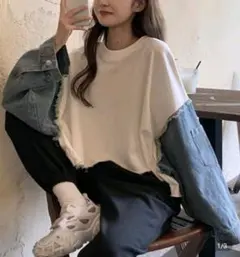 SHEIN コントラストスリーブ ドロップショルダー 擦り付け柄ヘム