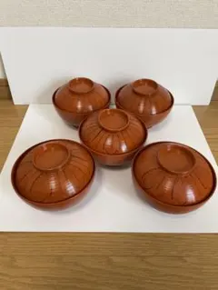 【新品•未使用】5個セット 蓋つき煮物椀 オレンジ 花模様