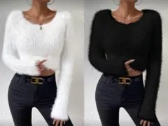 SHEIN クロップド丈セーター シャギーニット ブラック ホワイト 2個セット