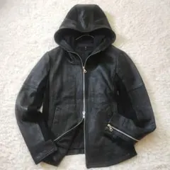 美品✨NO ID.　ラムバフィングフーデッドBLZ　レザージャケット　M　黒