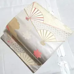 A 美品 扇に菊唐草 金銀糸 亀甲 白 紅葉 六通 正絹 フォーマルな袋帯