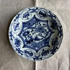 変形皿　舟形　染付　2客　銘　古伊万里　明治　変わり図柄　芙蓉手 Ps-47 古伊万里 KOIMARI 染付 芙蓉手 花卉鳥文 輪花皿 2枚