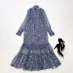 美品✨️リリーブラウン 星空刺繍チュールロングワンピース インナー付 NAVY