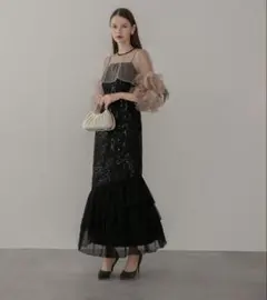 Leja フラワースパンコールチュールフリルスリーブIラインワンピースドレス