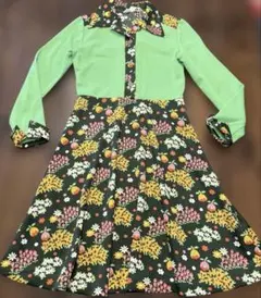 60s 古着　昭和レトロ　美品　花柄ワンピース　グリーン　緑　黄緑