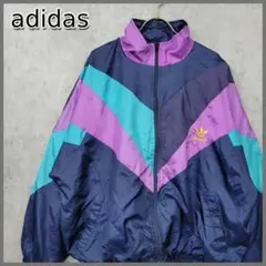 90s 古着 アディダス 希少 刺繍 ナイロンジャケット マルチネイビー L