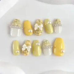 春色 イエローツイード×パール リボン ネイルチップ｜大人可愛い 上品ネイル