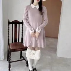 INGNI 襟フェザーリブニットワンピース ピンク