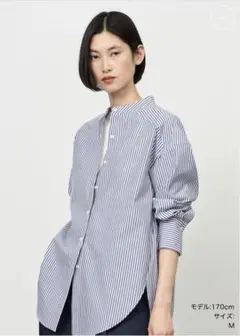 中古】SOÉJU ストライプ バンドカラー ロングシャツ ブルー