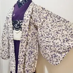 羽織　紫　パープル　白　唐草　アンティーク　単衣　背抜き　アールヌーボー　裄66