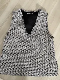 DISCOAT ディスコート　ツイード 深Vネック ベスト　フリンジ　黒　白