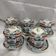 【高級茶器】有田焼 源吉作 赤絵風 蓋付湯呑 受皿付 5客セット 角型 伝統工芸のサムネイル