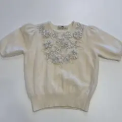 白 トップス レディース モヘヤ モヘア 花柄 半袖 レース ビーズ