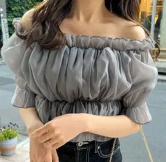 【最安値】GRL シアーギャザーショート丈ブラウス チャコール tu541