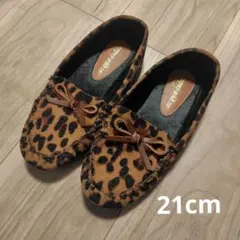 キッズ　フラットシューズ　ヒョウ柄　フリース　リボン　21cm　秋冬