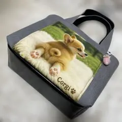 帆布使いトートバッグパネル=公園で休憩ෆうつぶせ.わんこ×コーギー