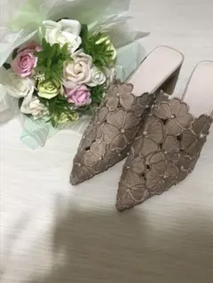 RANDA❤️総レース＆パール❤️ミュールパンプス