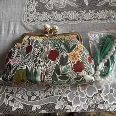 ヴィンテージ刺繍フラワーハンドバッグ がま口 パール3way グリーン