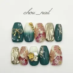 【オーダー用✨】 ネイルチップNo.38 成人式振袖袴和柄前撮緑赤ピンク