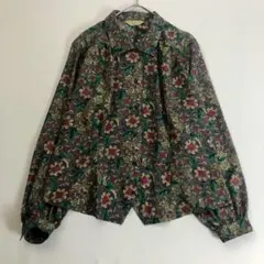 昭和レトロ花柄長袖シャツブラウス美品派手柄ゆるだぼ東京ブラウスグリーン古着