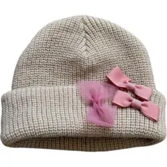 ★ ニットキャップ ニット帽子 54センチ ベージュ 女の子 子供リボン ピンク