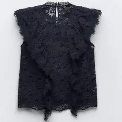 ZARA レース トップス 紺 ネイビー ノースリーブ レース ブラウス