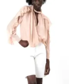 値下げ☆ZARA フリルリボン付きシフォン長袖シャツ　ピンク美品