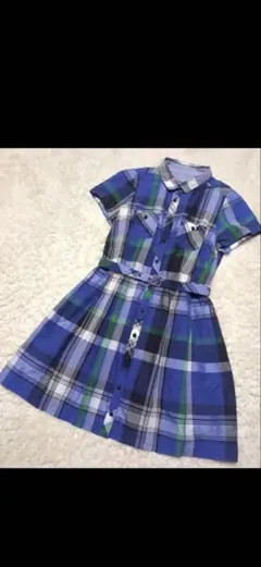 バーバリーブルーレーベル　フレアシャツワンピース　M　チェック　青　麻