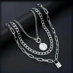 3連チェーン ネックレス シルバー コインモチーフ 南京錠 重ね付け 韓国