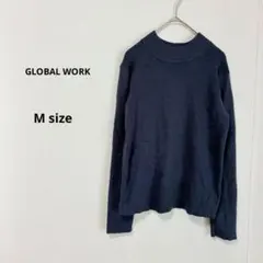 GLOBAL WORK リブニット　M ネイビー　モックネック　長袖