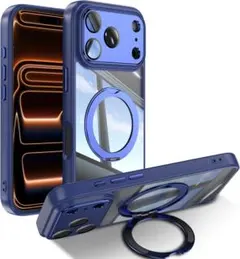 iPhone17Pro ケース スタンド レンズフィルム保護 ブルー