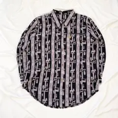 総柄アートプリント 長袖シャツ 黒×グレー 個性派 金ボタン 一点物