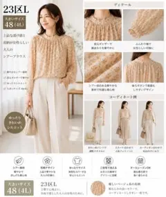 美品 23区 46 3L ベージュ ブラウス レース 大きいサイズ オンワード 